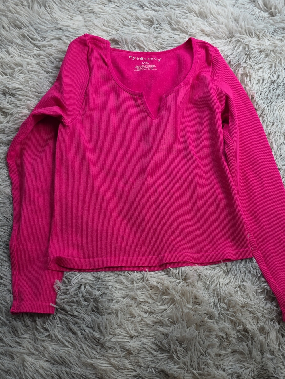 eye candy Fuchsia Ribbed Long-Sleeve Notch Neck Top
